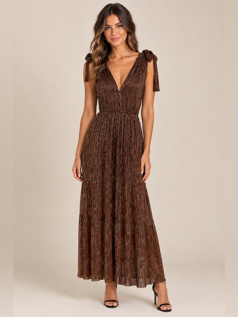 Sabrina Musayev Dress Carry Tiered Bronze Elegant Maxi Metallic Designer